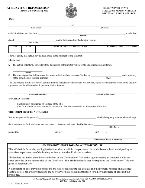 MVT-5 Affidavit of Repossession first page