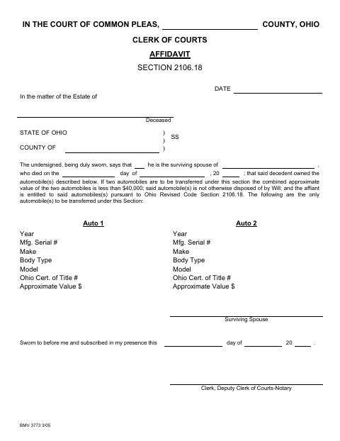 Affidavit for Transfer of Motor Vehicle to Surviving Spouse, Erie County form, first page