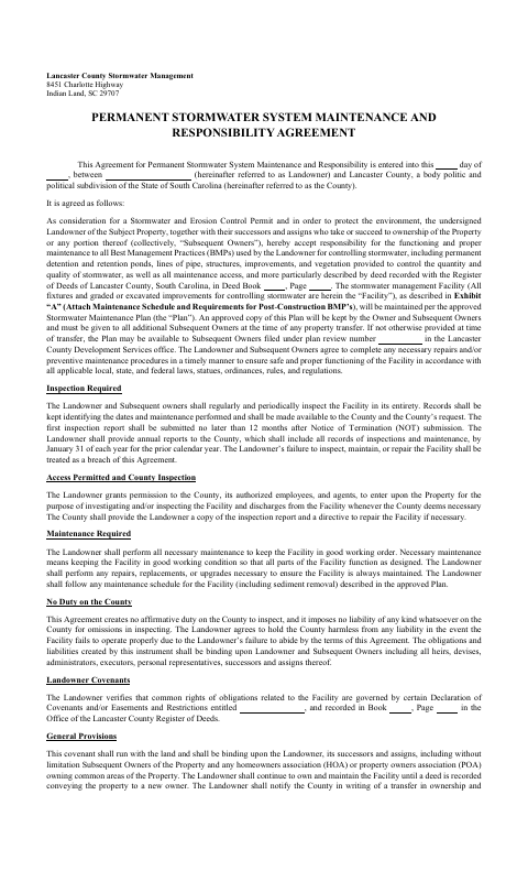 Permanent Stormwater System Maintenance And Responsibility Agreement, Lancaster County form, first page