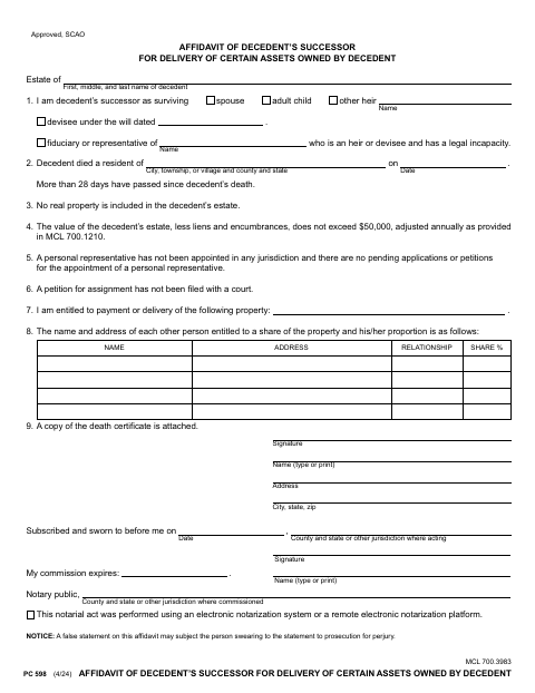 Affidavit of Decedent’s Successor for Delivery of Certain Assets Owned by Decedent, Kent County form, first page