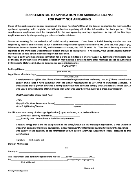 Supplemental Application for Marriage License for Party Not Appearing, Lac qui Parle County form, first page