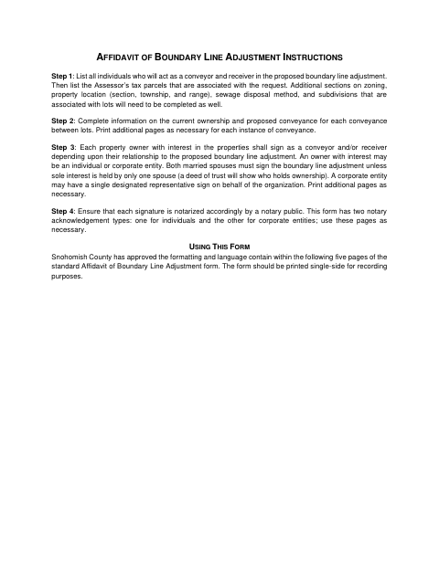 Affidavit of Boundary Line Adjustment, Snohomish County form, first page