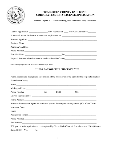 Bail Bond Corporate Surety License Application, Tom Green County form, first page