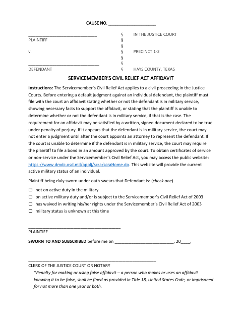 Servicemember’s Civil Relief Act Affidavit, Hays County form, first page