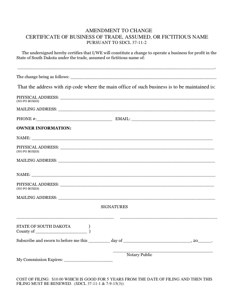 Amendment to Change Certificate of Business Name, Pennington County form, first page