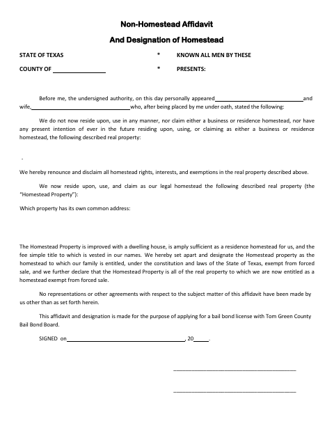 Non-Homestead Affidavit and Designation of Homestead, Tom Green County form, first page