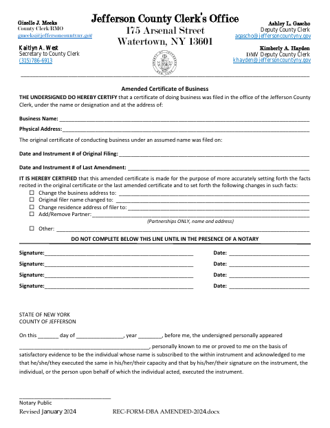 Amended Certificate of Business, Jefferson County form, first page