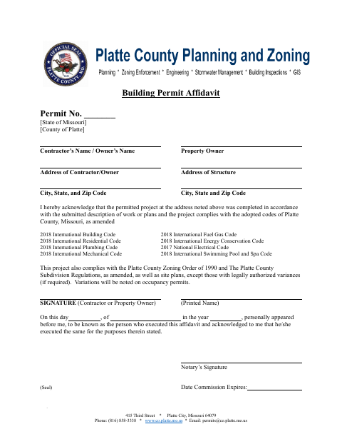 Building Permit Affidavit, Platte County form, first page