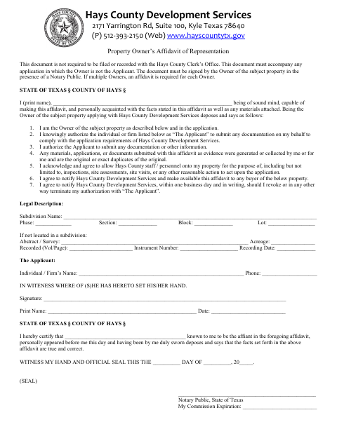 Property Owner’s Affidavit of Representation, Hays County form, first page