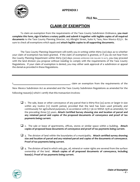 Claim of Exemption, Taos County form, first page