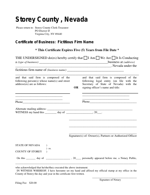 Fictitious Firm Name Certificate, Storey County form, first page
