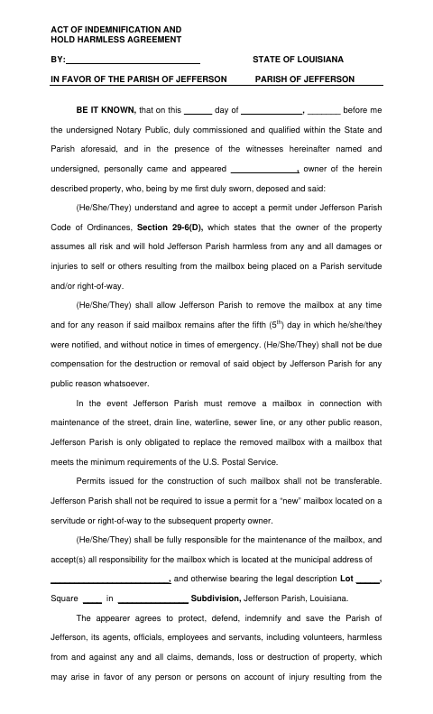 Brick Mailbox Hold Harmless Agreement, Jefferson Parish form, first page
