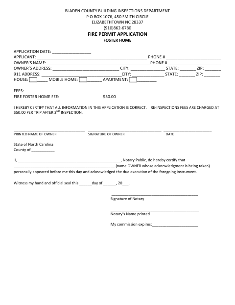 Fire Permit Application for Foster Home, Bladen County form, first page