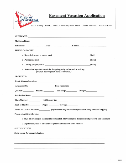 First page of the Easement Vacation Application