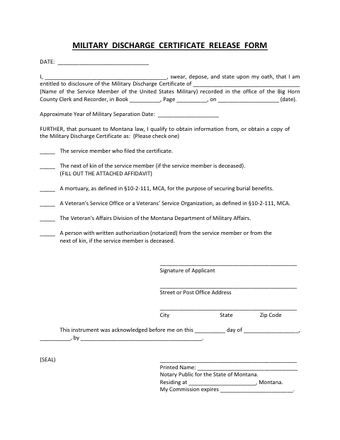 Military Discharge Certificate Release Form, Big Horn County form, first page