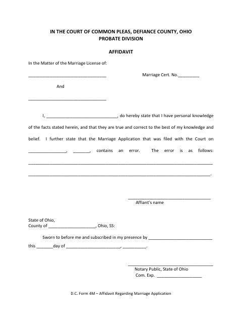 Affidavit Regarding Marriage Application, Defiance County form, first page