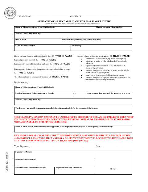 Affidavit of Absent Applicant for Marriage License, Upshur County form, first page
