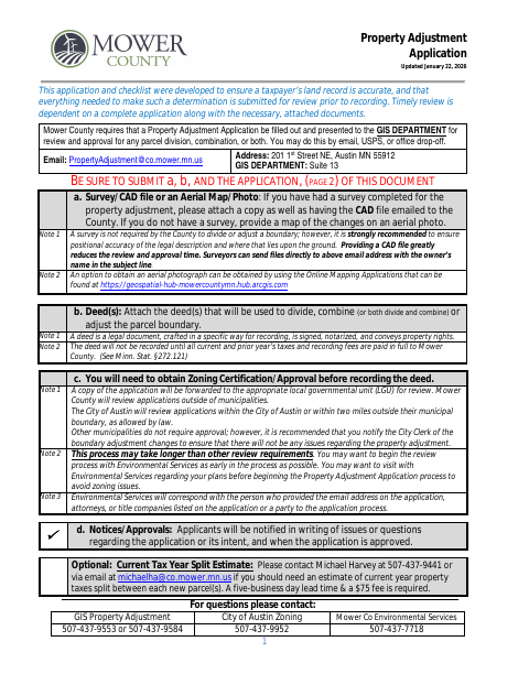 First page of the Property Adjustment Application