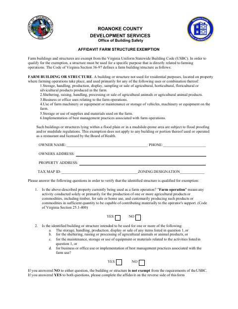 Farm Structure Exemption Affidavit, Roanoke County form, first page
