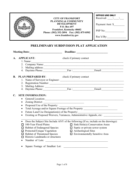 First page of the Preliminary Subdivision Plat Application
