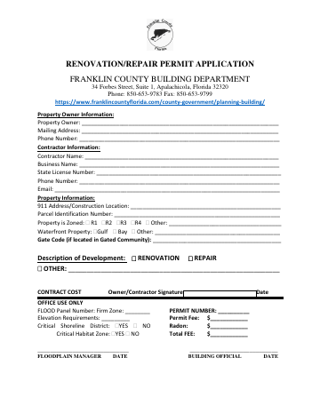 RENOVATION REPAIR PERMIT APPLICATION — Franklin County form, first page