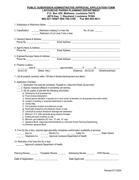 Public Subdivision Administrative Approval Application, Lafourche Parish form, first page