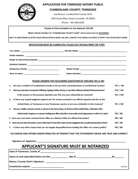 Application for Tennessee Notary Public, Cumberland County form, first page