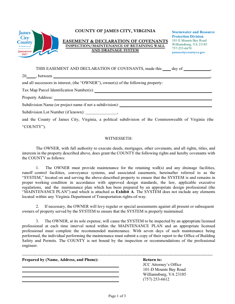 Easement and Declaration of Covenants for Retaining Wall and Drainage System, James City County form, first page