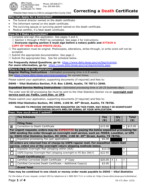 Correcting A Death Certificate, Mills County form, first page
