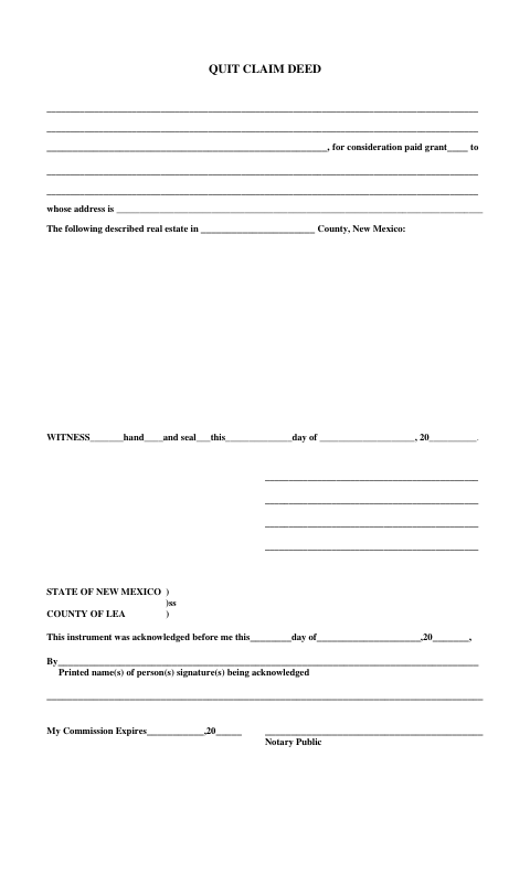 Quitclaim Deed, Lea County form, first page