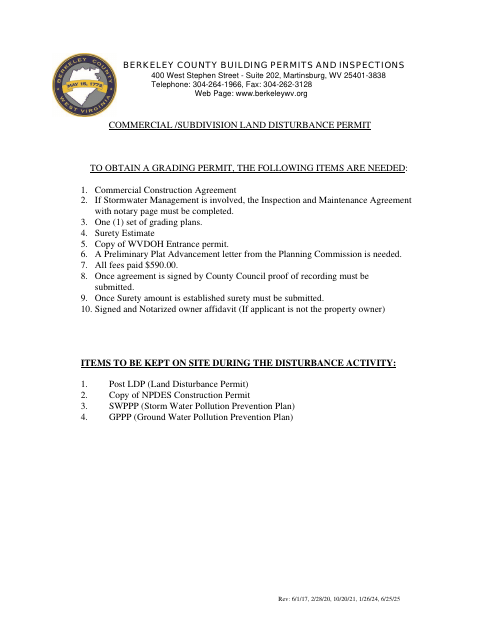 Commercial Subdivision Land Disturbance Permit, Berkeley County form, first page