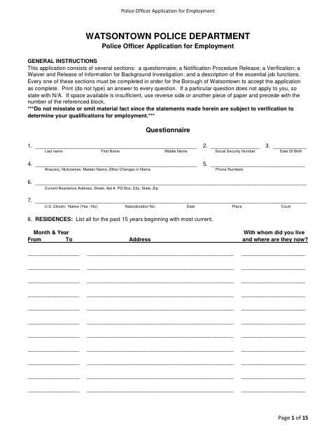 First page of the Police Officer Application for Employment