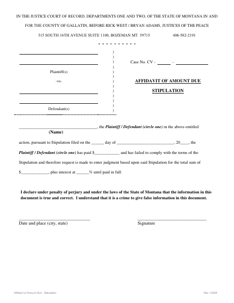 First page of the Affidavit of Amount Due - Stipulation