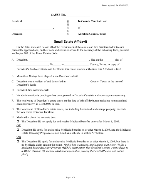 Small Estate Affidavit, Angelina County form, first page