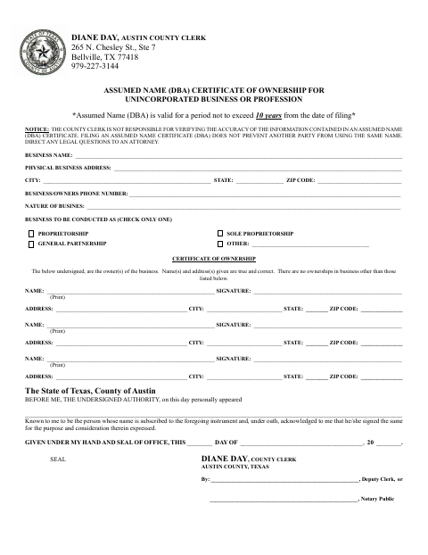 Assumed Name (DBA) Certificate of Ownership, Austin County form, first page