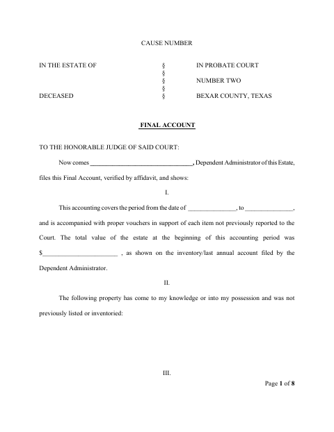 Final Account, Bexar County form, first page