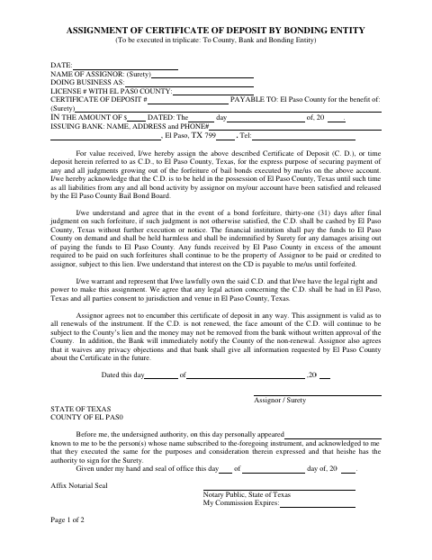 Assignment of Certificate of Deposit by Bonding Entity, El Paso County form, first page