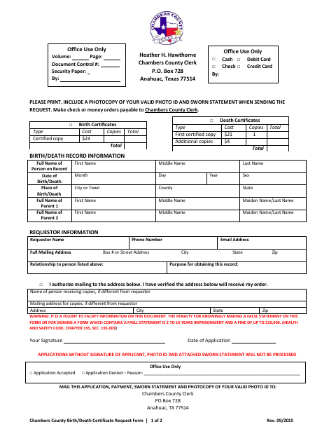 Birth/Death Certificate Request Form, Chambers County form, first page