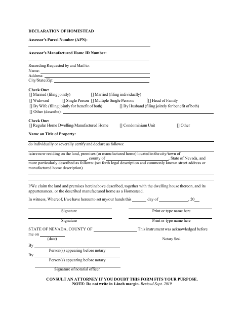 Declaration Of Homestead, Storey County form, first page