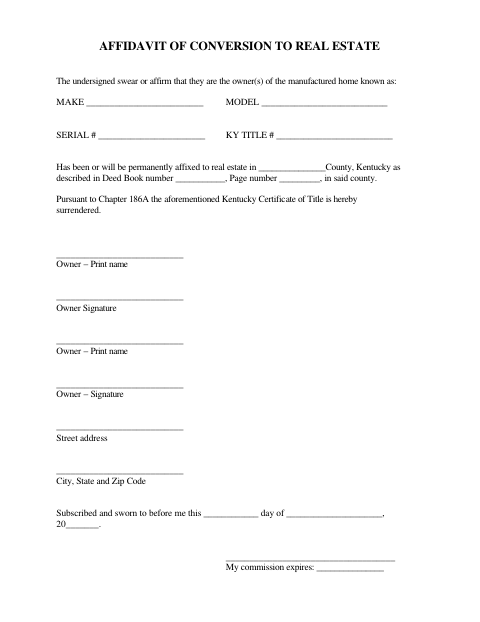 Affidavit of Conversion to Real Estate, Owsley County form, first page