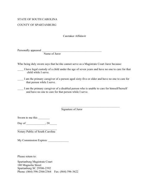 Caretaker Affidavit, Spartanburg County form, first page
