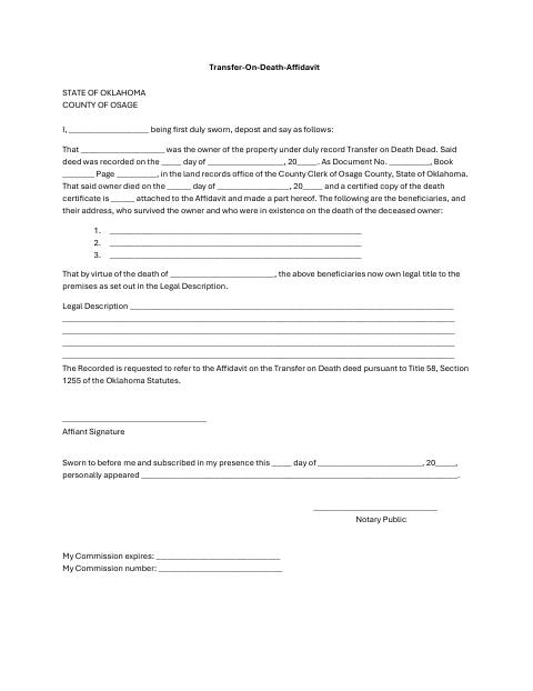 Transfer-On-Death Affidavit, Osage County form, first page