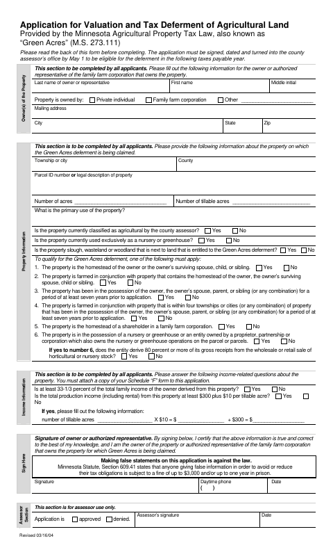First page of the Application for Valuation and Tax Deferment of Agricultural Land