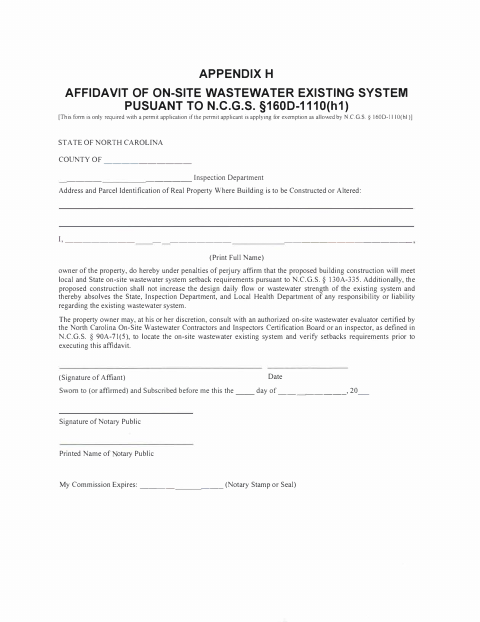 Affidavit of On-Site Wastewater Existing System, New Hanover County form, first page