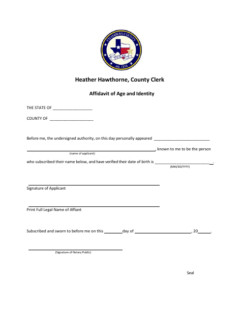 Affidavit of Age and Identity, Chambers County form, first page