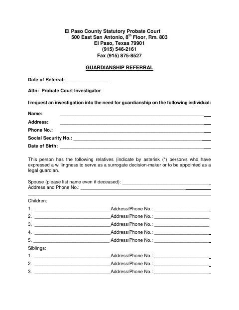 Guardianship Referral, El Paso County form, first page