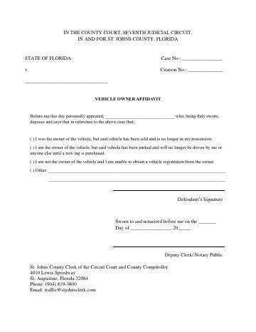 Vehicle Owner Affidavit — St. Johns County form, first page