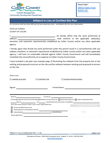 Affidavit in Lieu of Certified Site Plan — Collier County form, first page