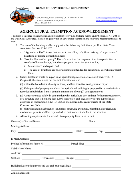 Agricultural Exemption Acknowledgement, Grand County form, first page