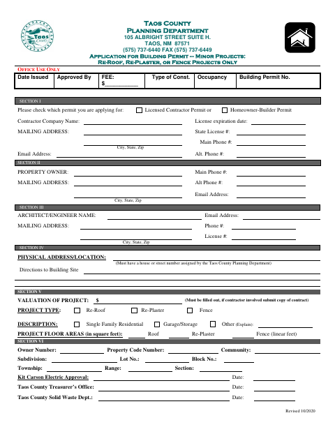 Application for Building Permit – Minor Projects, Taos County form, first page